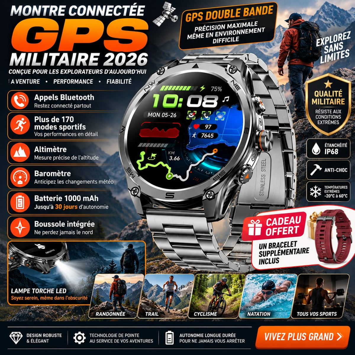 Montre Smartwatch GPS  Montre Militaire 2026