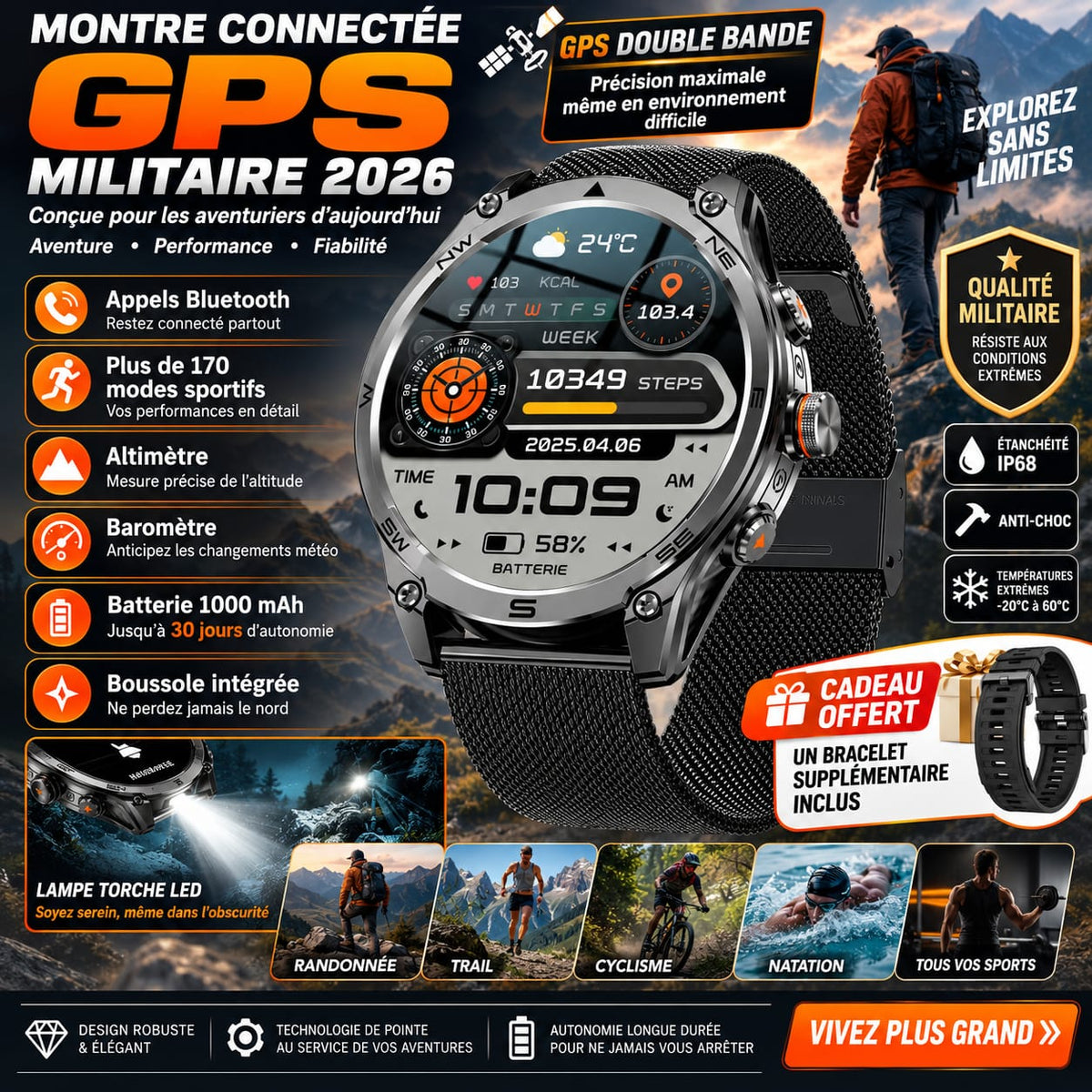 Montre Smartwatch GPS  Montre Militaire 2026