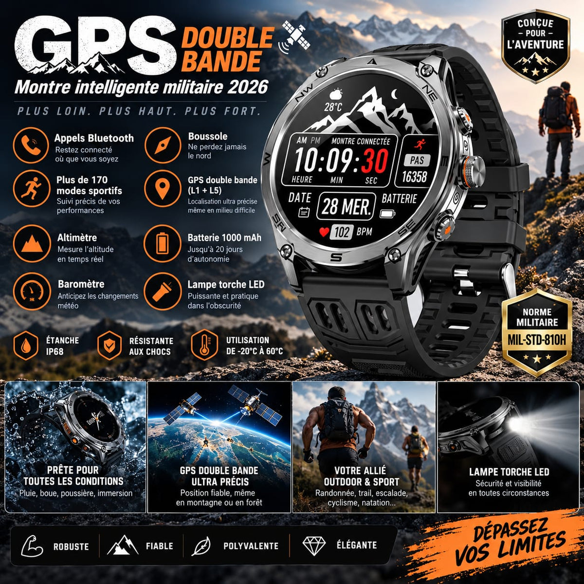 Montre Smartwatch GPS  Montre Militaire 2026