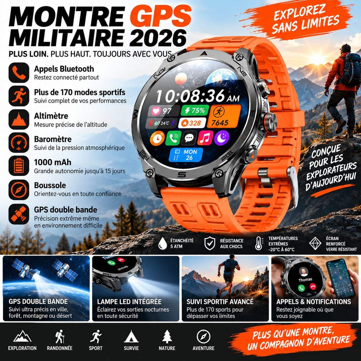 Montre Smartwatch GPS  Montre Militaire 2026